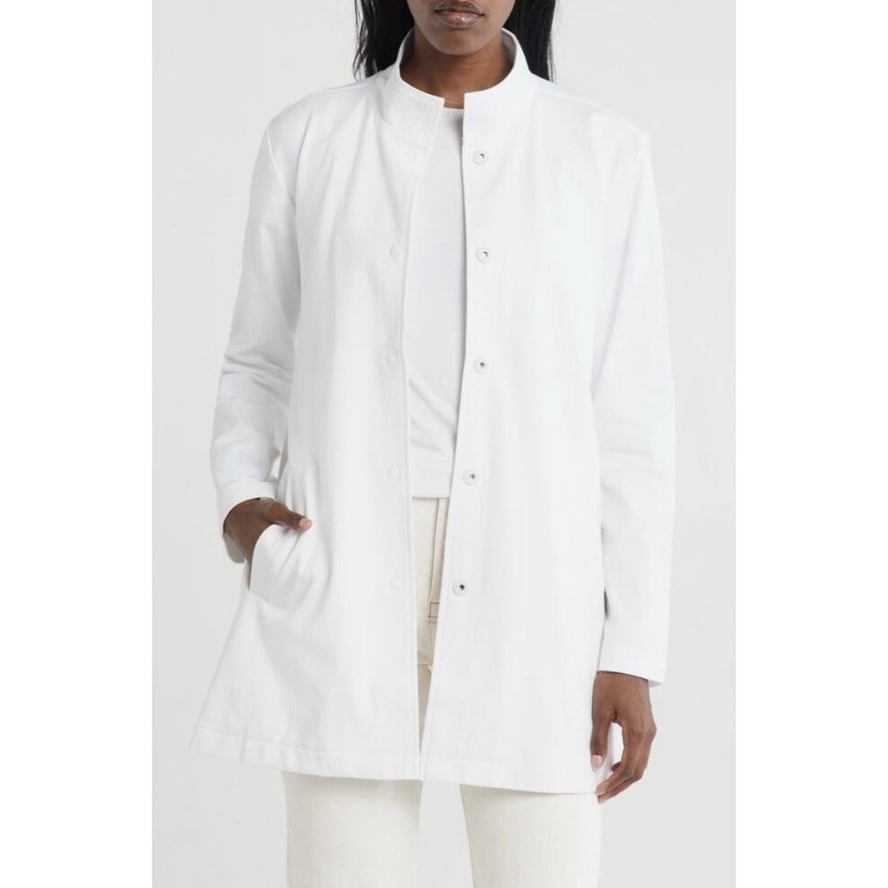 Eileen Fisher White Organic Cotton Hemp Snap Front Stand Collar Jacket Sz Medium